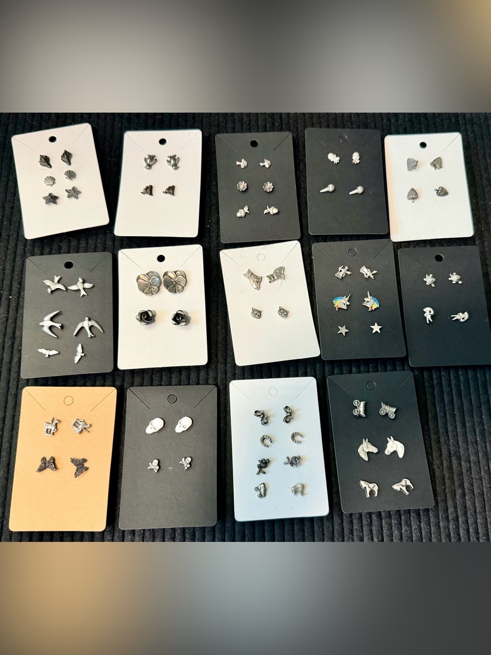 14 cards Silver Tone Pewter Assorted Stud Earrings Set - Multiple Pairs